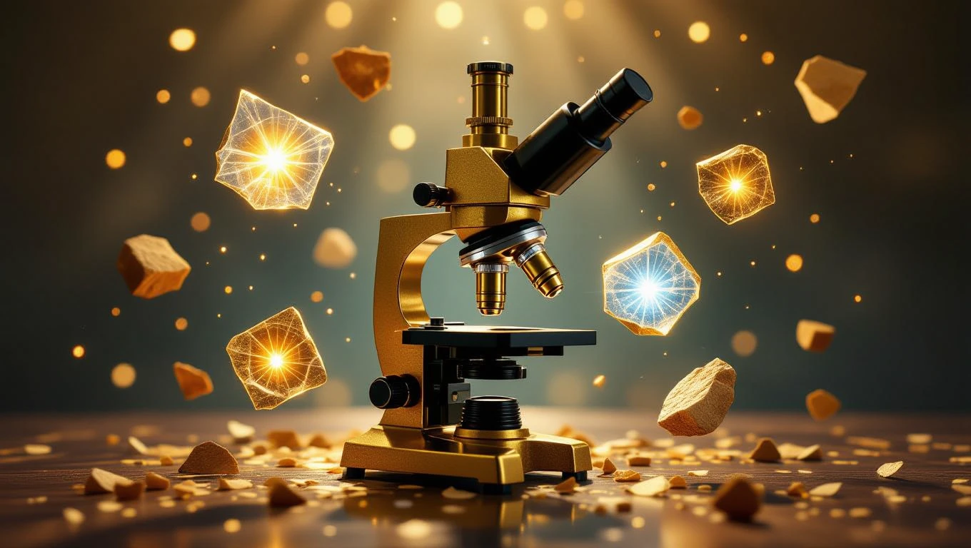 Un microscop elegant, cu detalii strălucitoare, înconjurat de cristale luminoase și bucăți de piatră, simbolizând analiza detaliilor vieții.