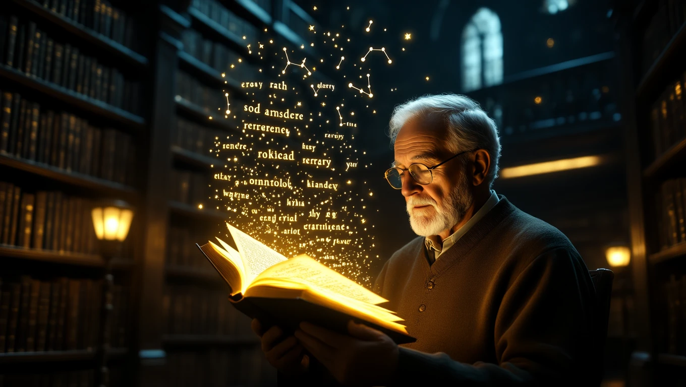 Un bărbat în vârstă citește o carte într-o bibliotecă, înconjurat de cărți, cu lumini strălucitoare și cuvinte care plutesc în aer.
