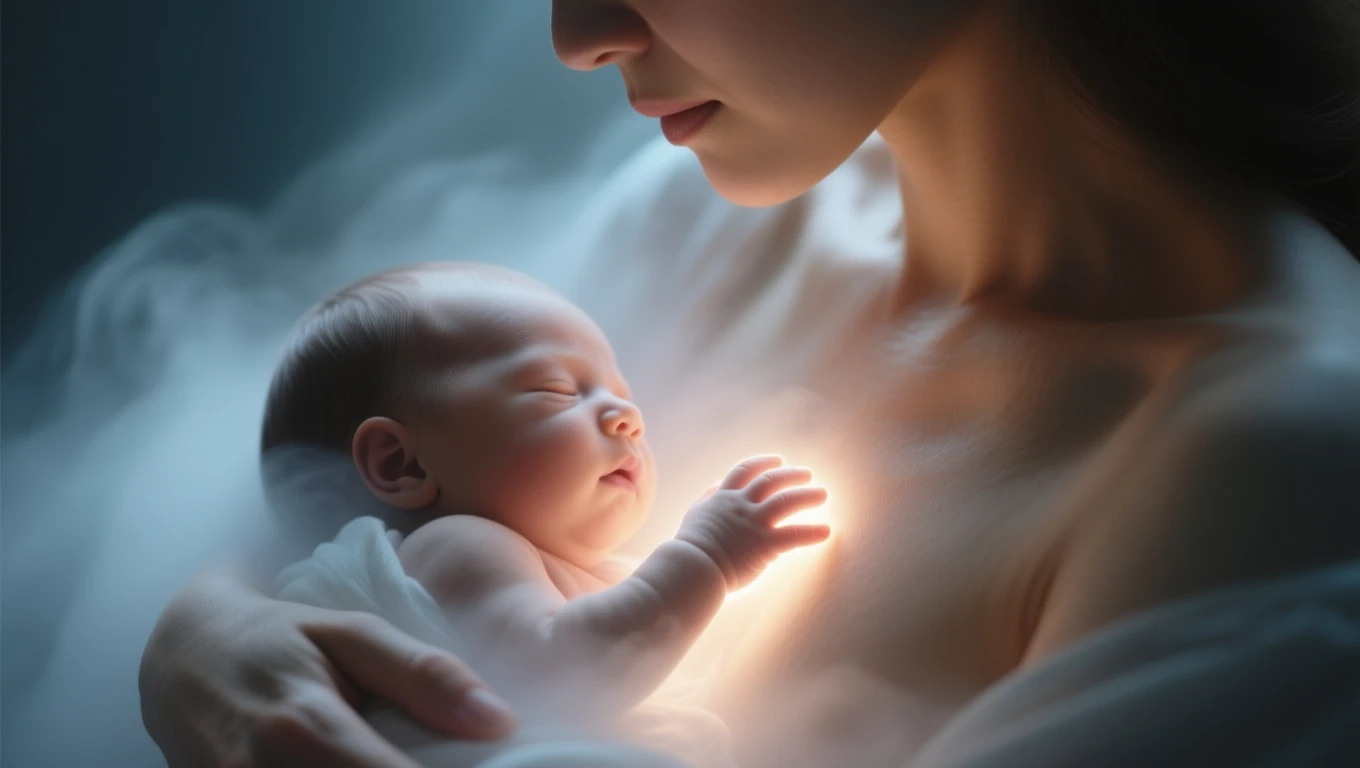 Un bebeluș adormit, ținut în brațele unei mame, emanând o lumină caldă, simbolizând iubirea și protecția.