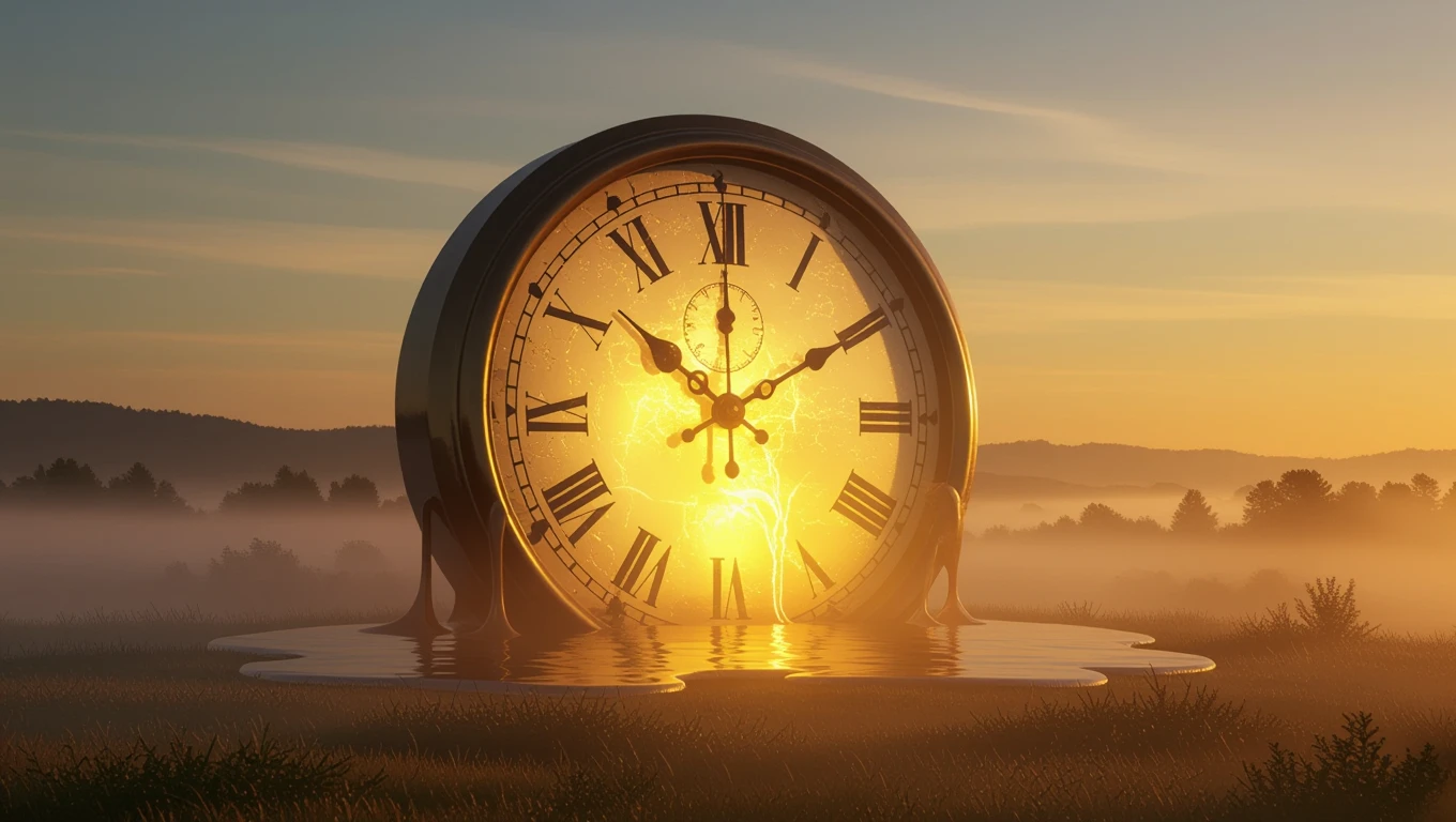 Un ceas mare, cu cadran auriu, se află într-un peisaj de dimineață, reflectând lumina soarelui.