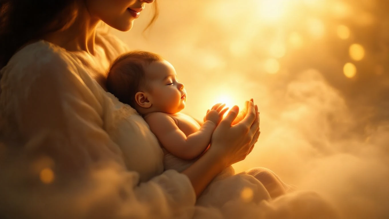 O mamă ține un copil mic în brațe, emanând o lumină caldă într-un mediu de vis.