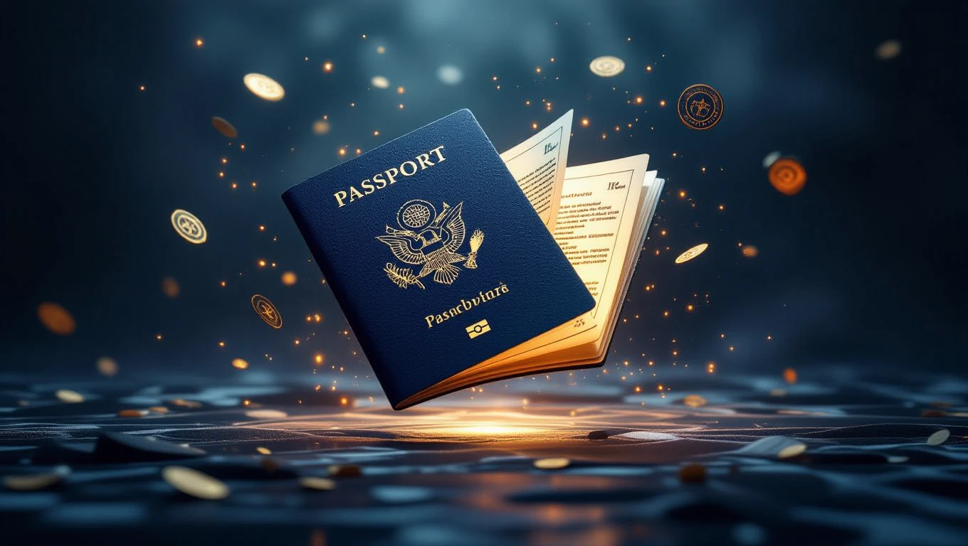 Un pașaport deschis plin de pagini, înconjurat de monede strălucitoare, simbolizând noi oportunități și responsabilități.