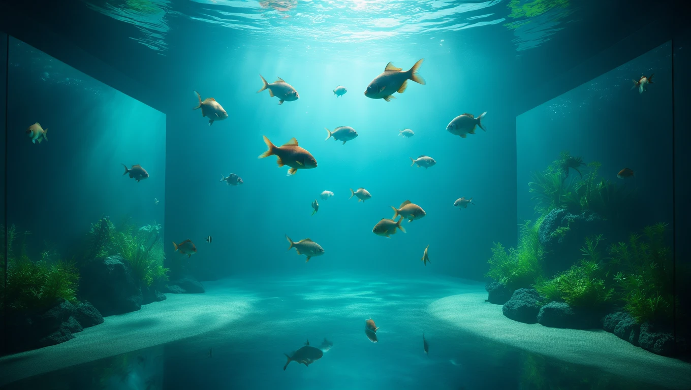 Un acvariu subacvatic plin de pești colorați, cu plante verzi și fundal luminos, simbolizând explorarea emoțiilor interioare.