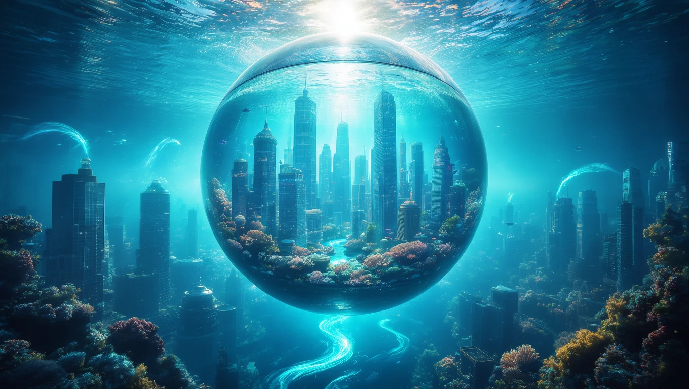Un acvariu sferic subacvatic, cu clădiri moderne și corali colorati, simbolizând introspecția și emoțiile ascunse.