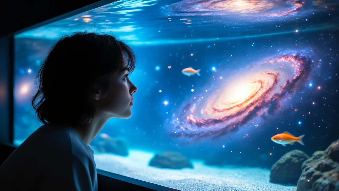 O fată contemplând un acvariu cu pești și o galaxie strălucitoare în fundal, simbolizând introspecția și explorarea emoțiilor.