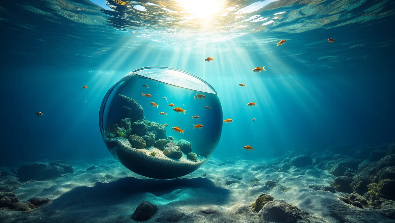 Un acvariu subacvatic cu pești aurii înotând printre stânci, simbolizând introspecția și emoțiile ascunse.