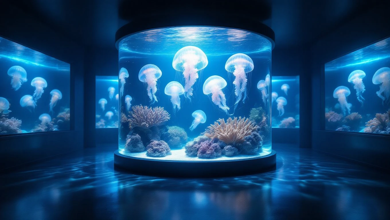 Un acvariu modern cu meduze care înoată printre corali, iluminat de lumini albastre.