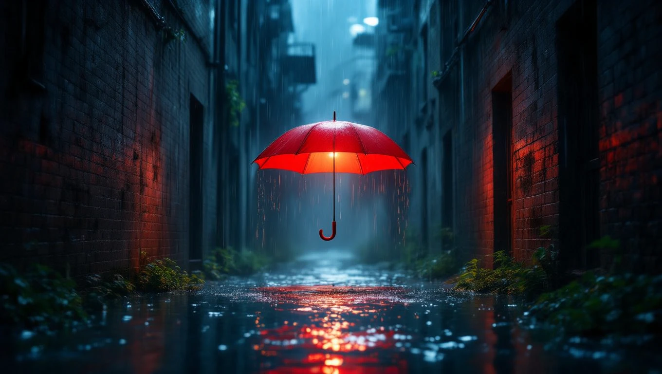 O alee îngustă, umedă, cu un umbrelu roșu suspendat, simbolizând protecția în momente dificile.