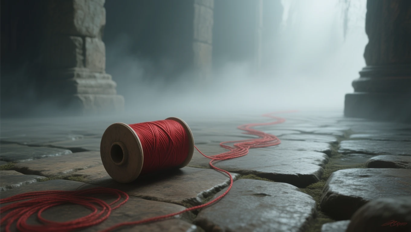 O bobină de ață roșie așezată pe o podea de piatră, cu firul întins în jur, simbolizând legături și creativitate.