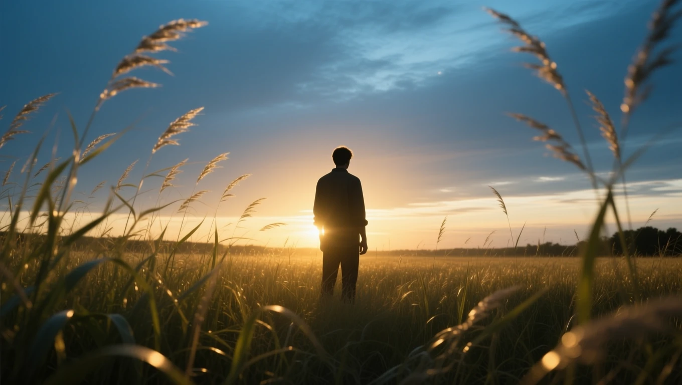 Un bărbat stă în fața unui apus de soare, înconjurat de iarbă înaltă, simbolizând introspecția și căutarea echilibrului în viață.