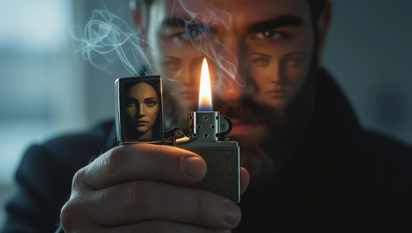 Un bărbat ține o brichetă aprinsă, emanând fum, cu o față misterioasă reflectată pe suprafața acesteia.