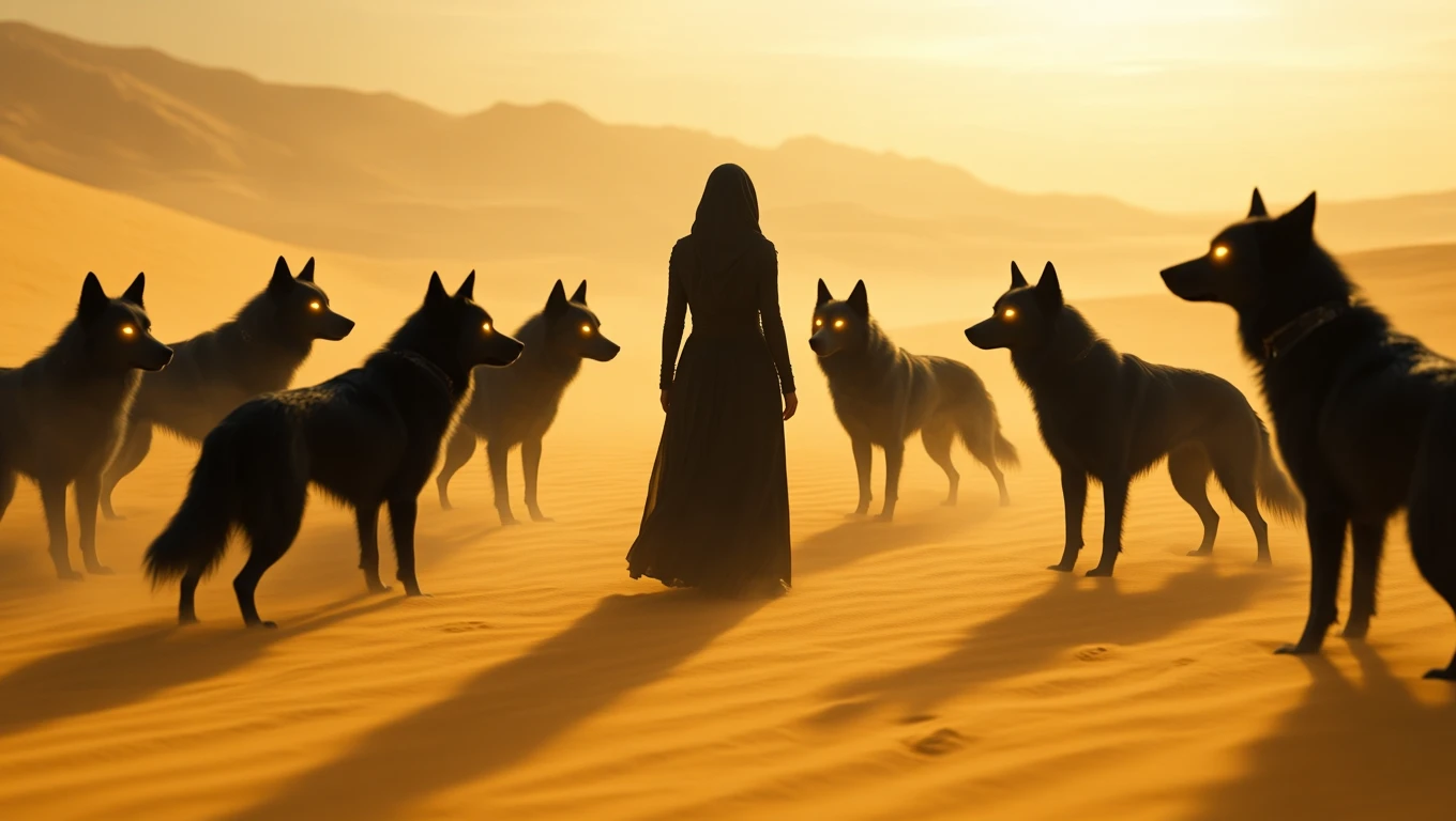 O femeie îmbrăcată în negru stă în fața unui grup de câini cu ochi strălucitori, în peisajul unui deșert.