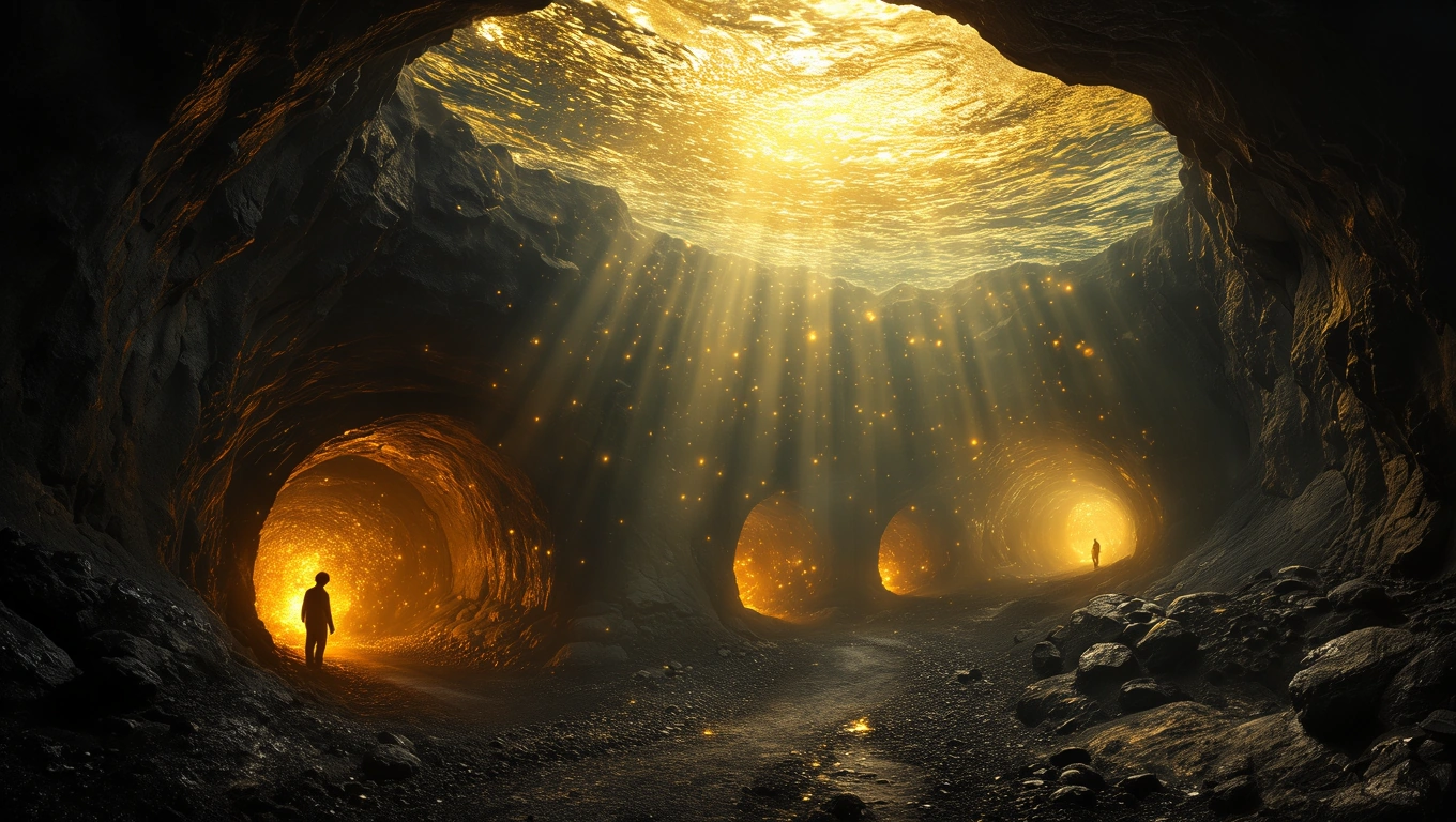 O peșteră întunecată cu lumini strălucitoare care emană din tuneluri, simbolizând potențialul ascuns și transformarea.
