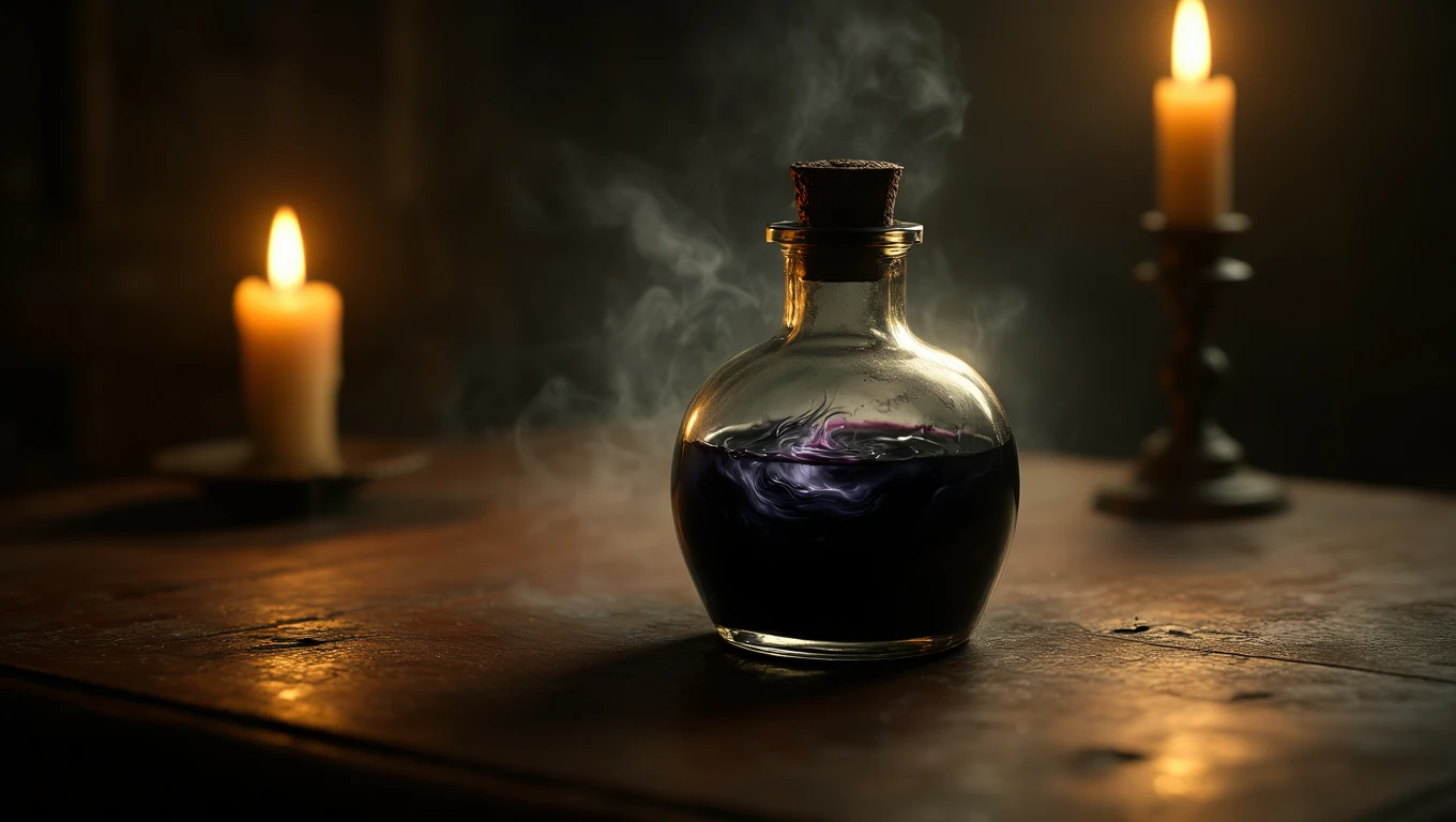 O sticlă de cerneală violetă, cu aburi, pe o masă de lemn, iluminată de lumânări.