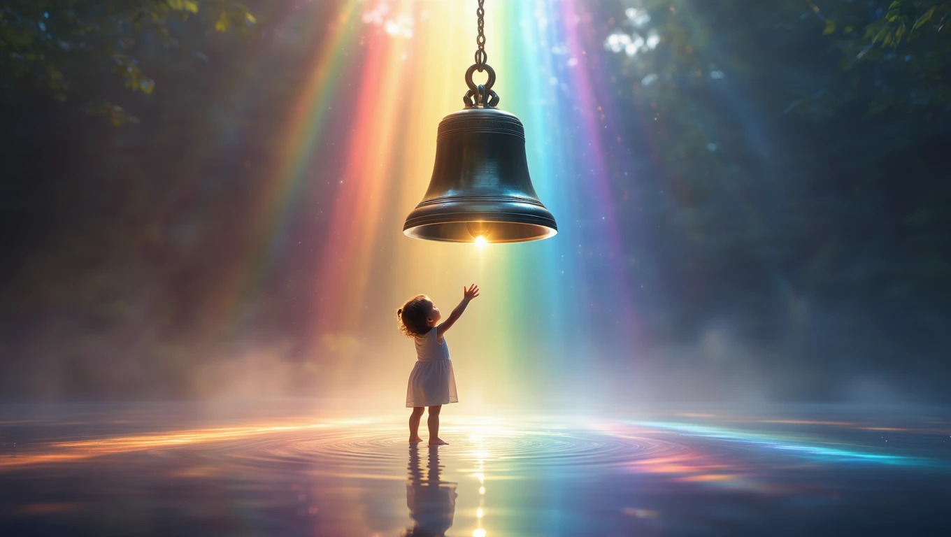 O fetiță stă într-un peisaj de vis, întinzându-se spre un clopot strălucitor, înconjurat de raze de lumină și culori vibrante.