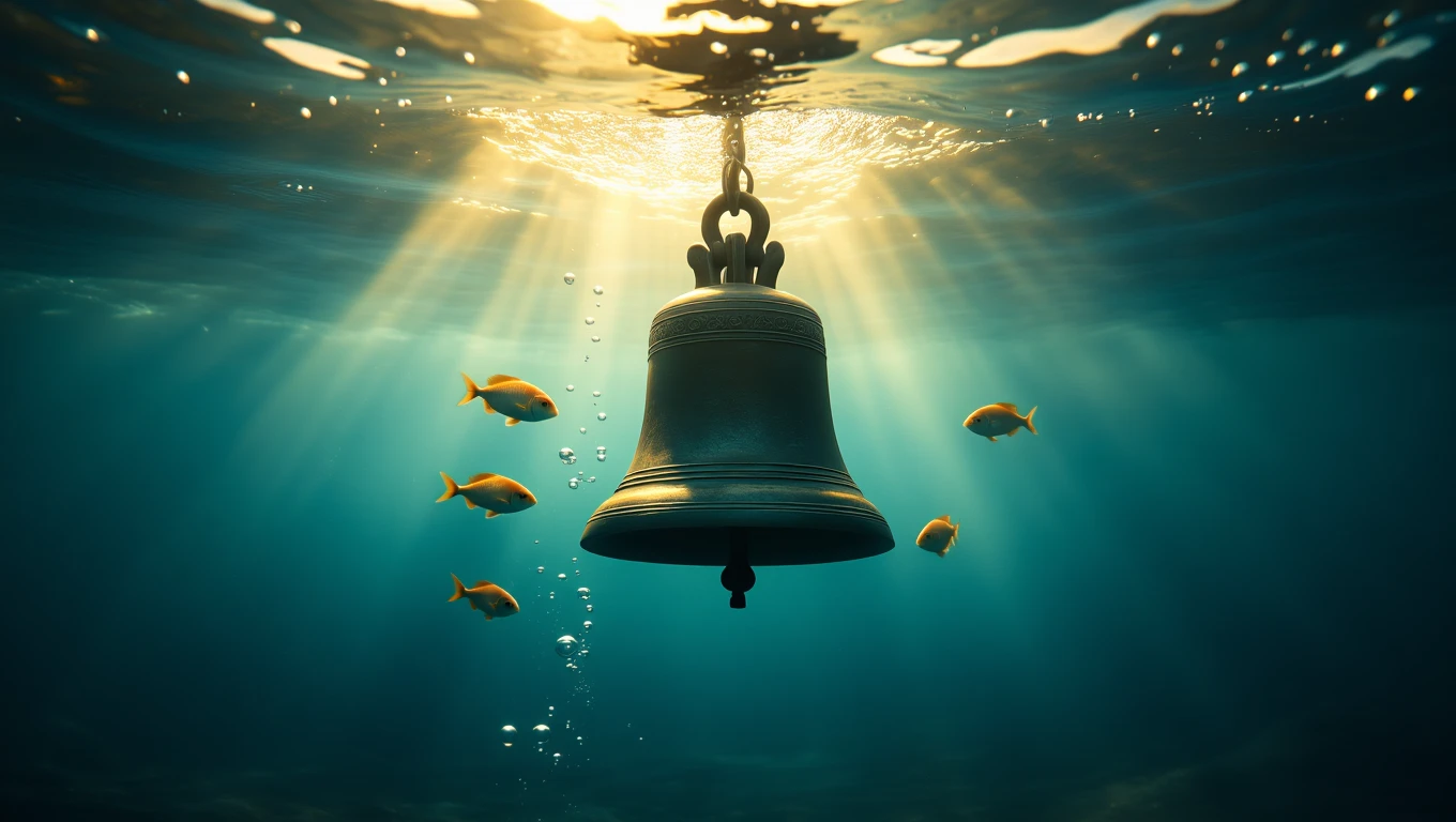 Un clopot metalic suspendat sub apă, înconjurat de pești aurii și raze de soare ce pătrund prin suprafața apei.