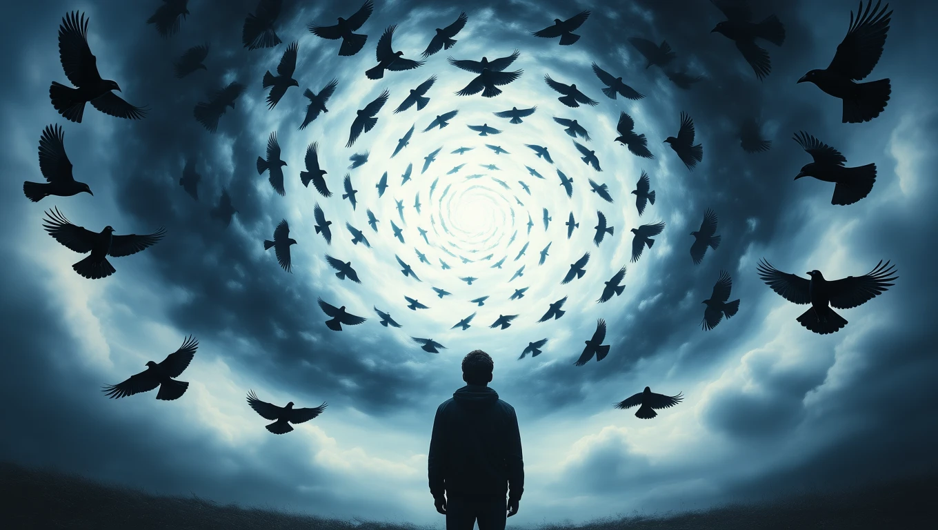 Un bărbat stă pe un câmp, privind spre cerul întunecat plin de corbi care se învârt într-un vârtej misterios.