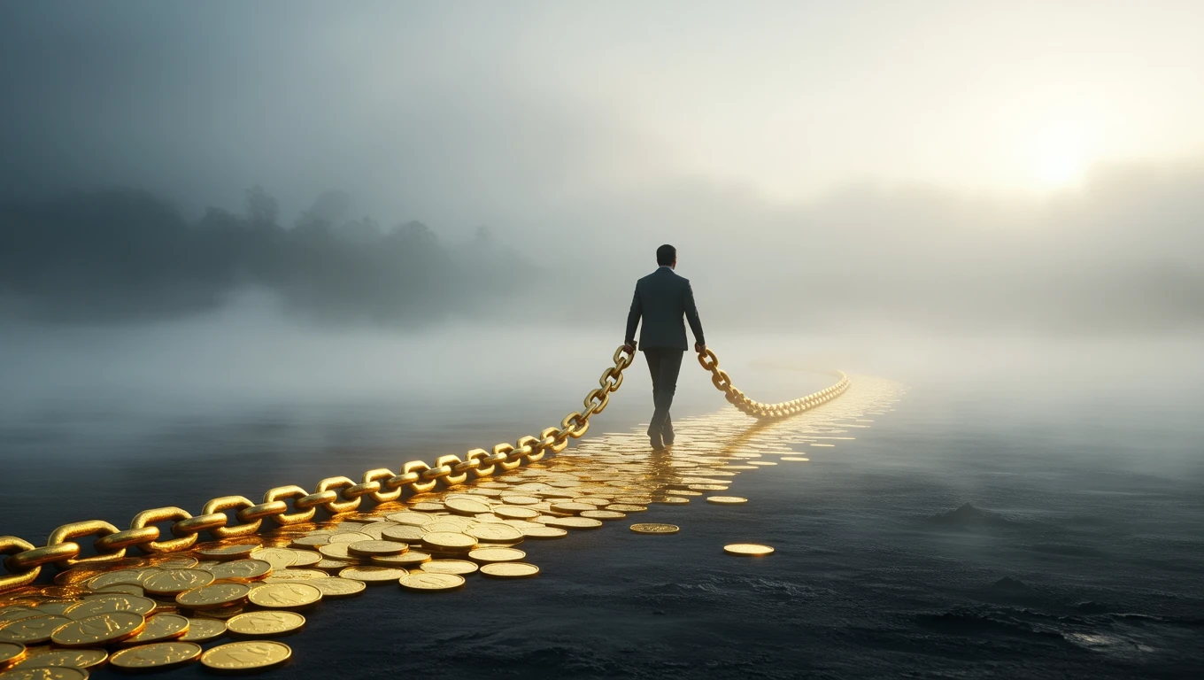 Un bărbat îmbrăcat elegant merge pe un drum de monede aurii, simbolizând datoriile și poverile emoționale.