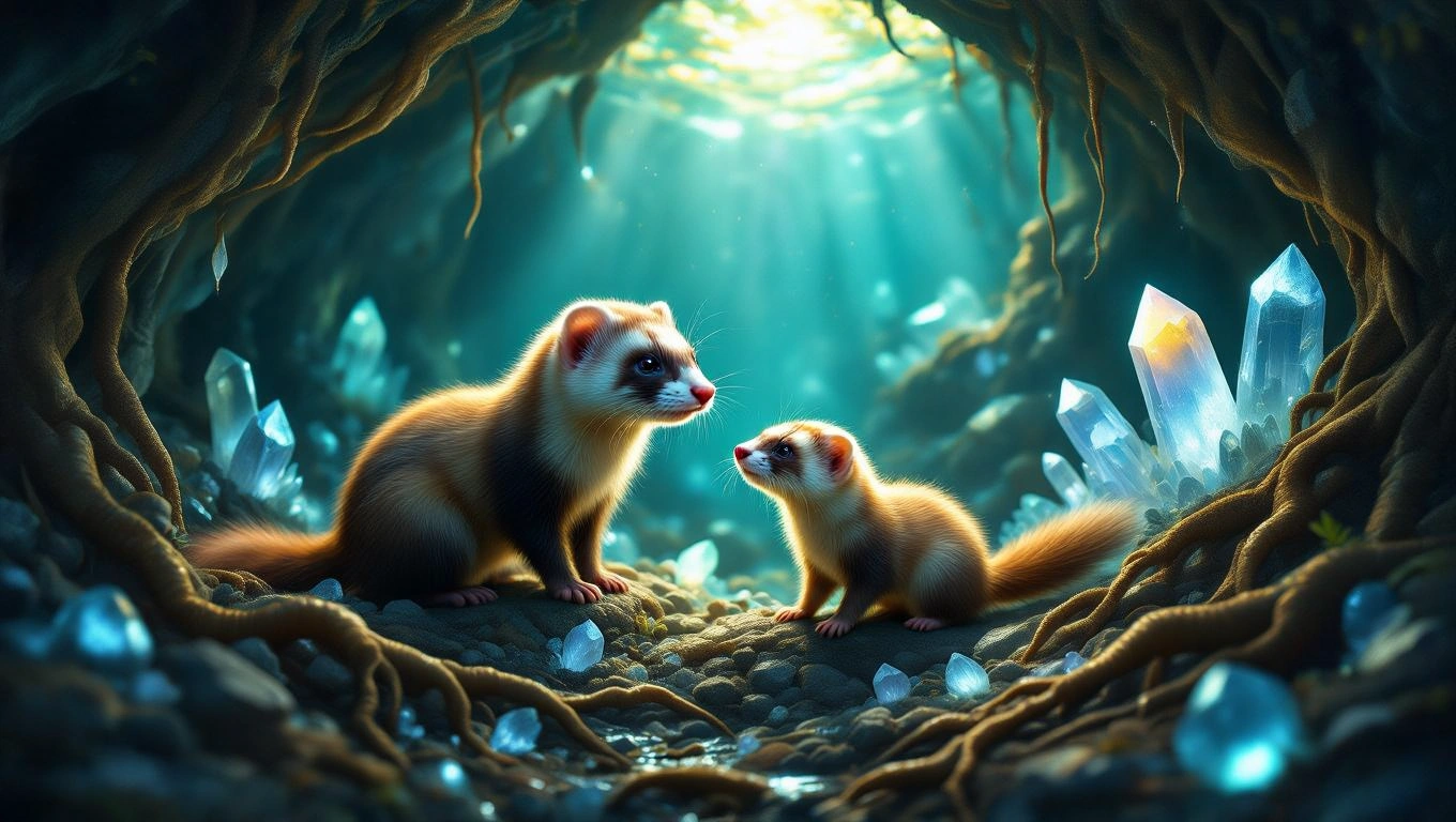 Două dihori stau într-o peșteră luminoasă, înconjurați de cristale strălucitoare.