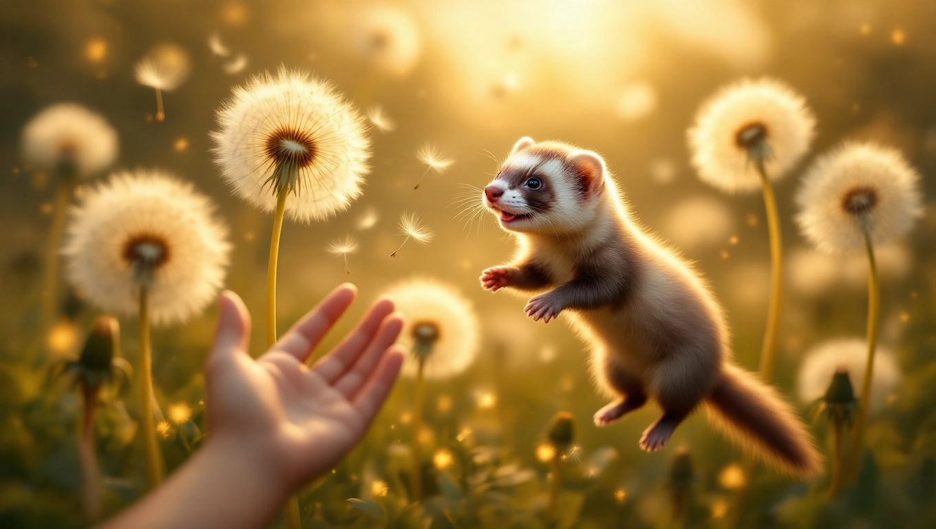 Un dihor jucăuș sărind printre păpădii, simbolizând spontaneitate și atenție la intențiile din jur.