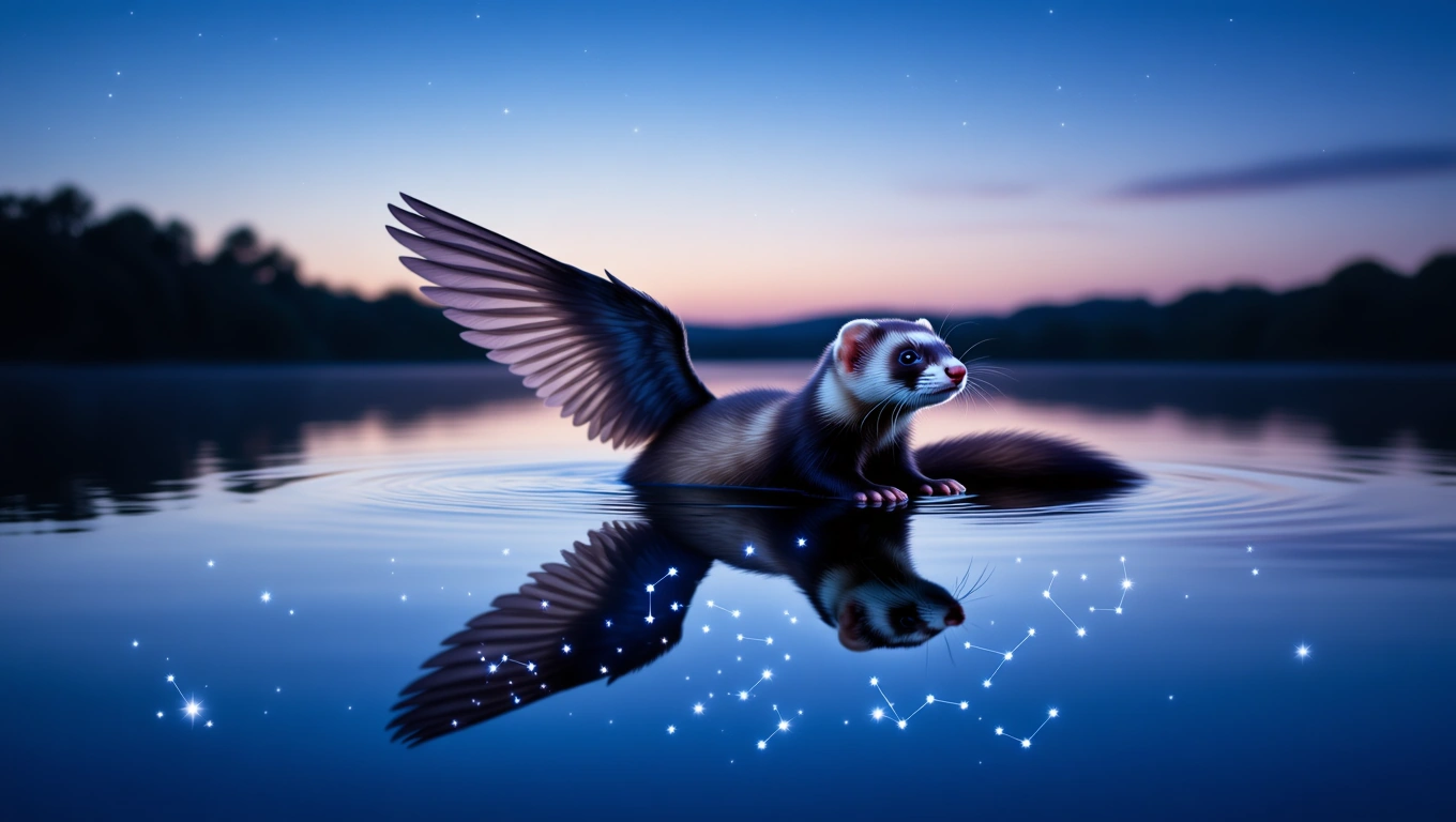 Un dihor cu aripi plutește pe un lac calm, reflectând stelele în apă.