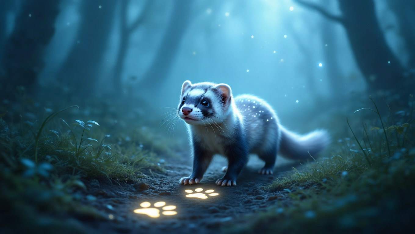 Un dihor explorând o pădure misterioasă, cu urme luminoase pe pământ.
