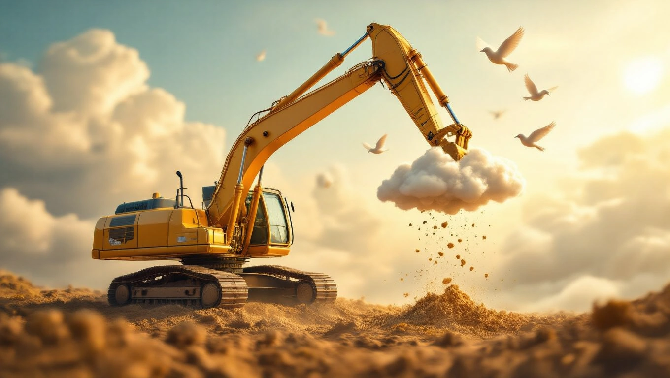 Un excavator galben ridică nisip sub un cer cu nori și păsări, simbolizând transformarea și construcția în viață.