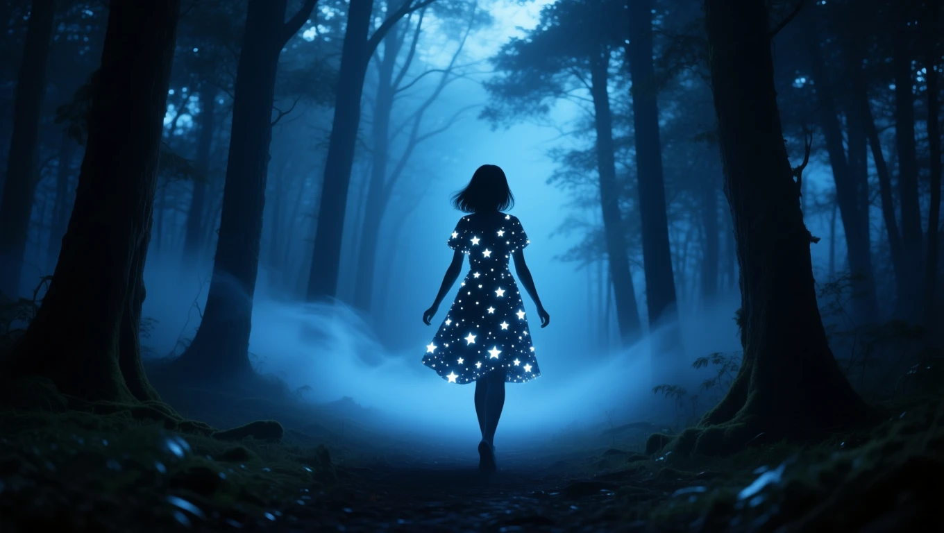 O fetiță îmbrăcată într-o rochie cu stele strălucitoare, plimbându-se printr-o pădure misterioasă, învăluită în ceață.