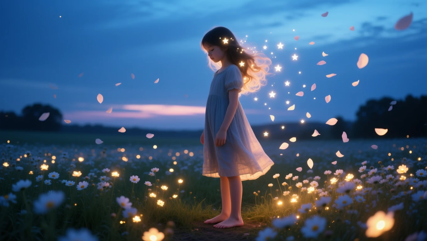 O fetiță stă într-un câmp plin de flori, înconjurată de lumini strălucitoare și petale care plutesc în aer, evocând un sentiment de magie.