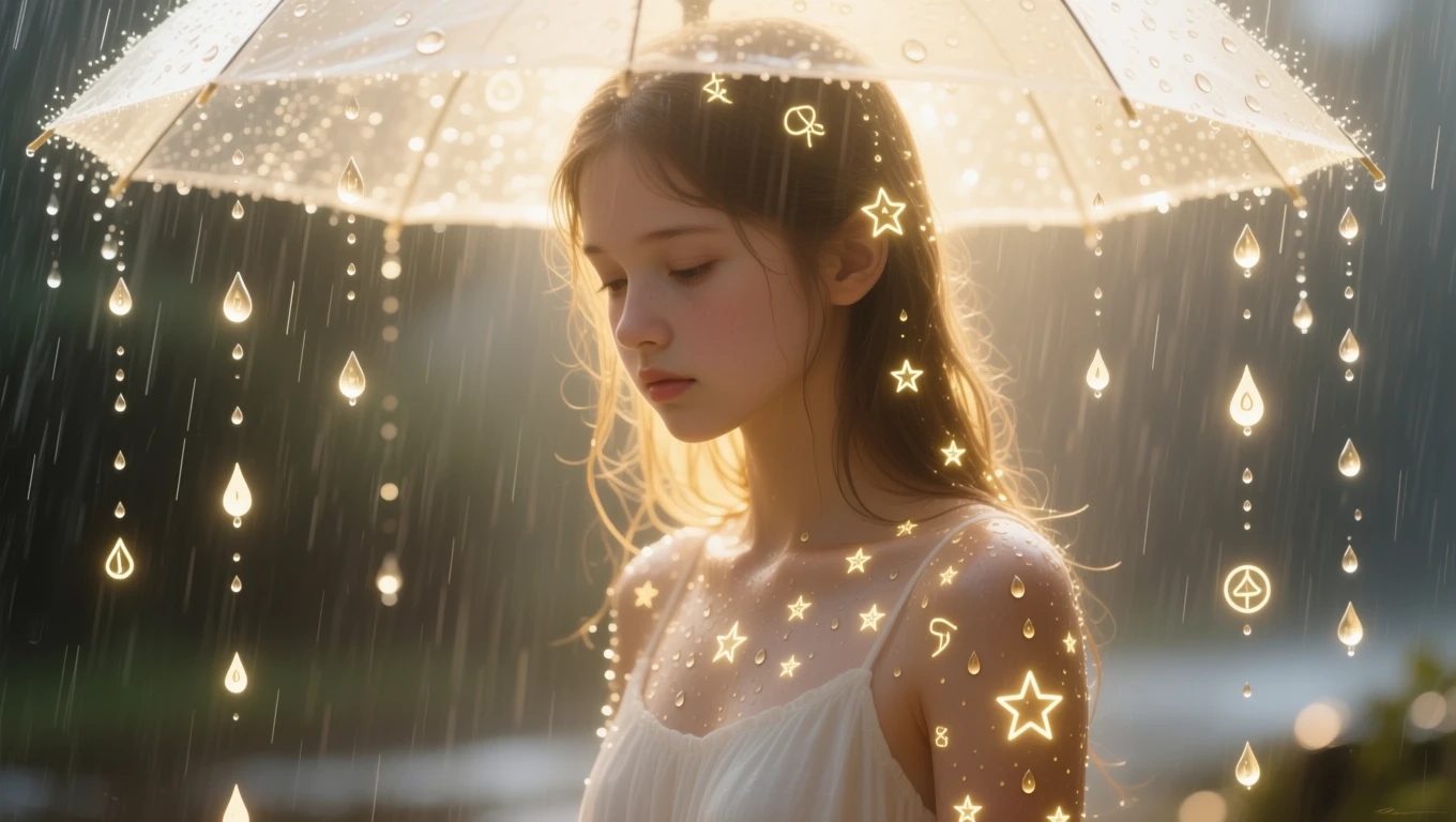 O fetiță stă sub o umbrelă, înconjurată de picături de apă și stele strălucitoare, simbolizând inocența și noi începuturi.