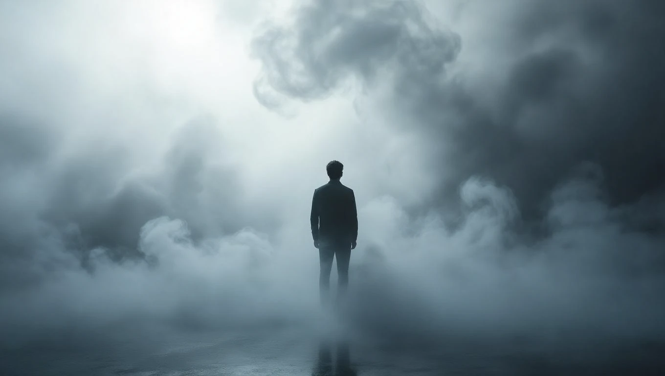 Un bărbat stă în mijlocul unui peisaj învăluit în fum dens, simbolizând confuzie și introspecție.