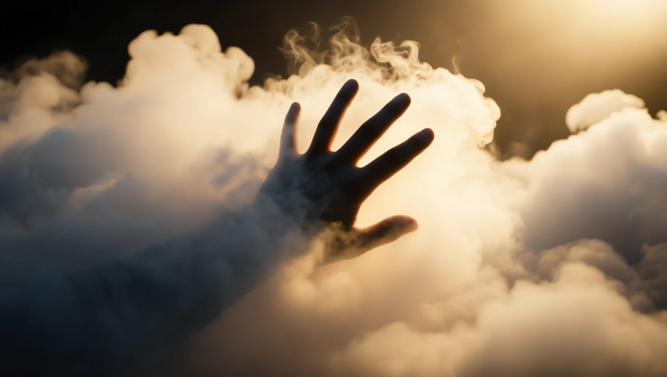 O mână iese dintr-un nor de fum, simbolizând căutarea clarității și transformării interioare.