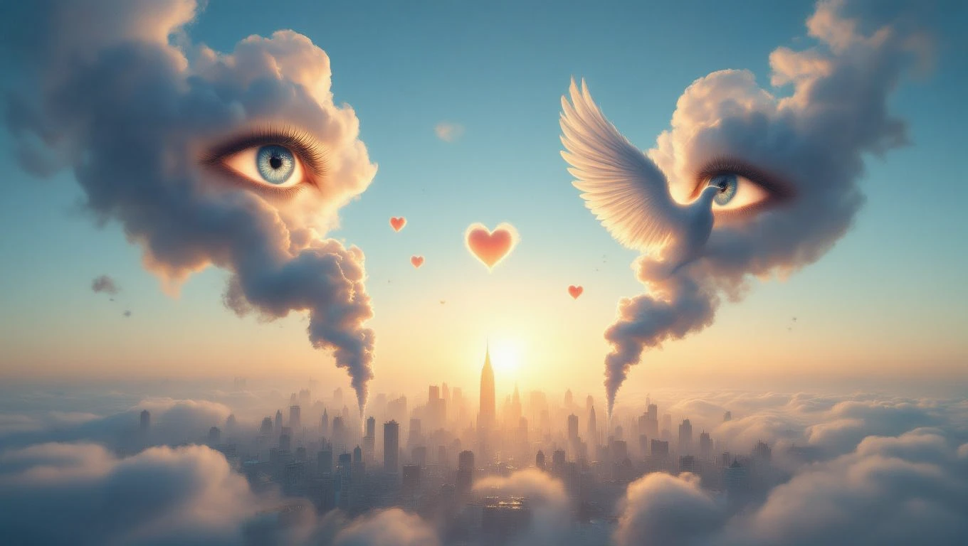 O imagine onirică cu fum care formează ochi și aripi, simbolizând transformare și introspecție.