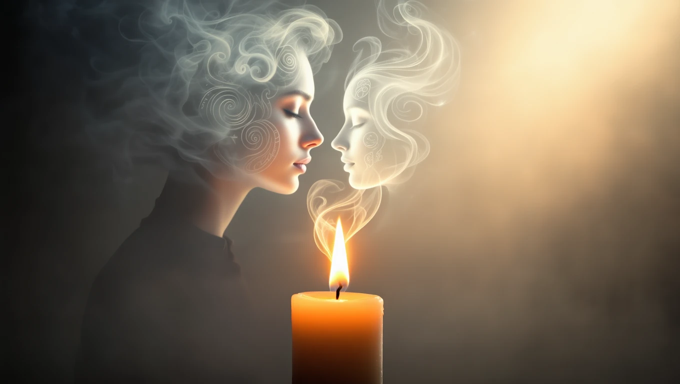O femeie contemplativă, cu fumul unei lumânări formând chipuri eterice în jurul ei, simbolizând introspecția și transformarea.