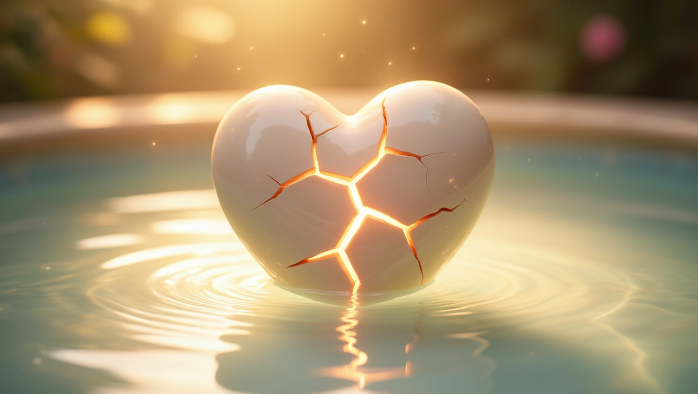 Un inimă albă crăpată, emanând o lumină caldă, plutind pe apă liniștită, simbolizând transformarea și renașterea.