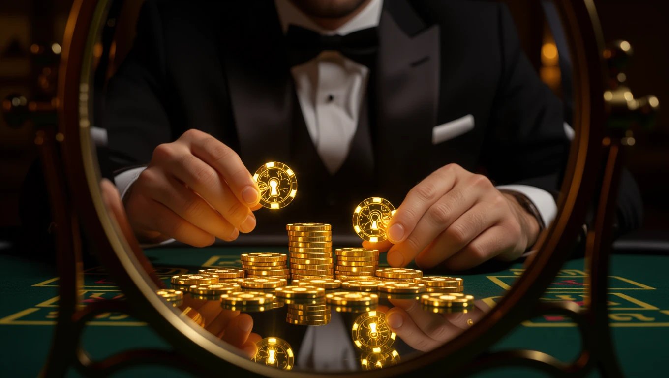 Un bărbat îmbrăcat elegant, cu un tuxedo, ține jetoane de poker aurii în fața unei mese de joc.