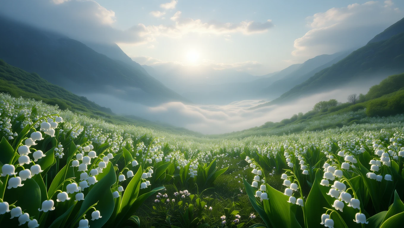 Un câmp plin de lăcrămioare albe, înconjurat de munți și ceață, sub un cer senin.