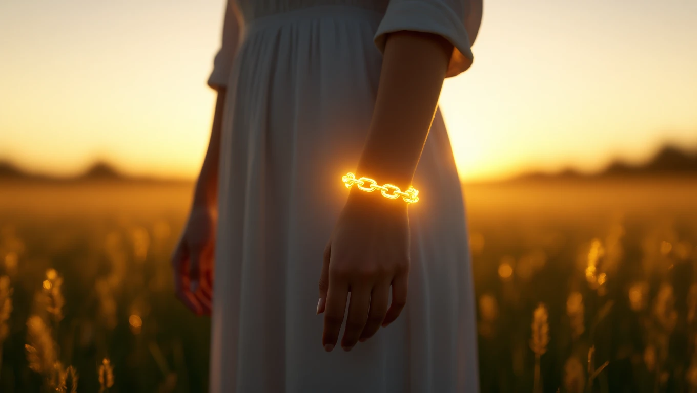 O mână feminină poartă un lanț de aur strălucitor, înconjurată de câmpuri aurii la apus.