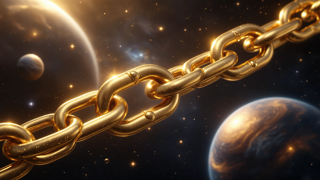 Un lanț de aur strălucitor suspendat în spațiu, simbolizând legături puternice și valoare personală.