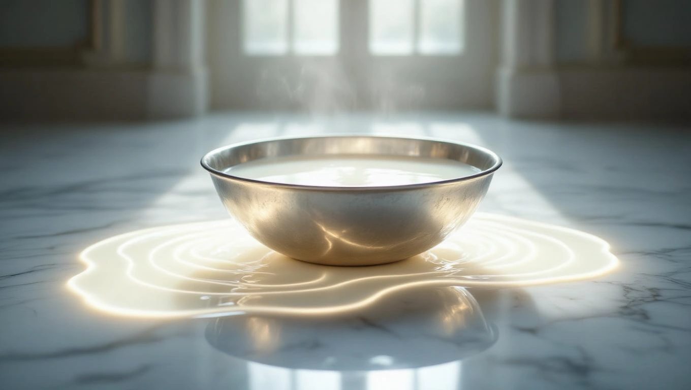 O bol cu lapte aburind, așezată pe o masă de marmură, cu lapte vărsat în jur.