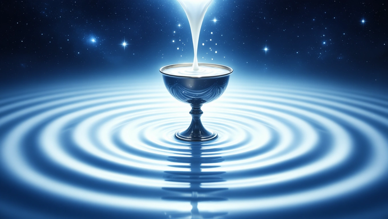 Un pahar elegant umplut cu lapte, cu valuri de apă care se formează în jurul său, simbolizând abundența și puritatea.