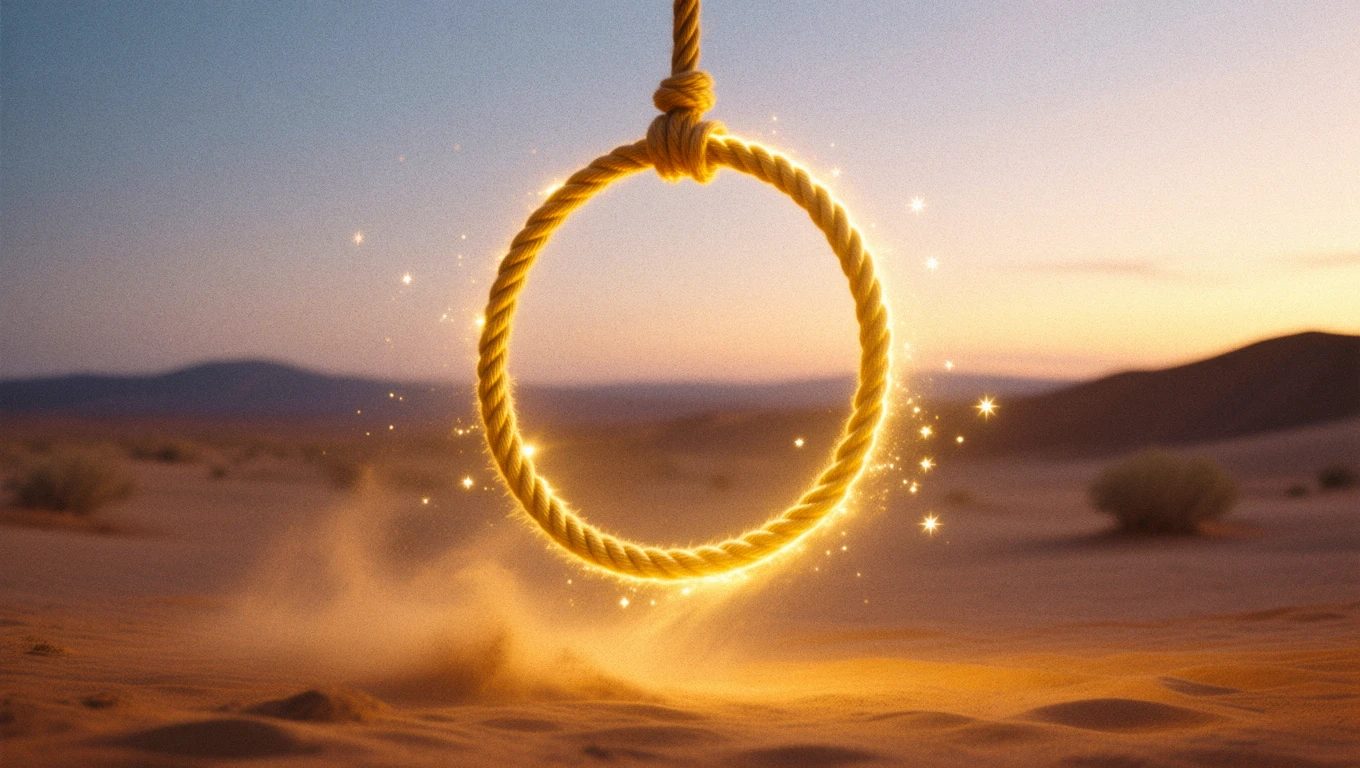 Un lasou strălucitor suspendat în aer, în peisajul unui deșert la apus, simbolizând oportunități și control.