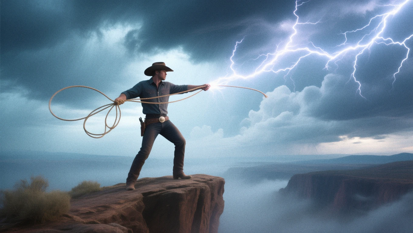 Un bărbat îmbrăcat în cowboy, stând pe o stâncă, aruncând un lasou spre cerul întunecat, plin de fulgere.