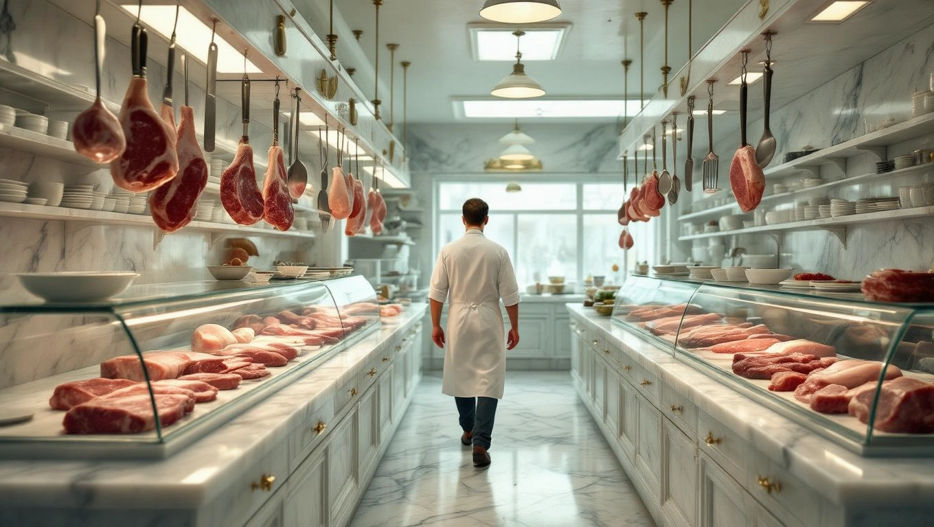 Un măcelar îmbrăcat în halat alb, mergând printr-un magazin de carne elegant, cu carne expusă pe rafturi.