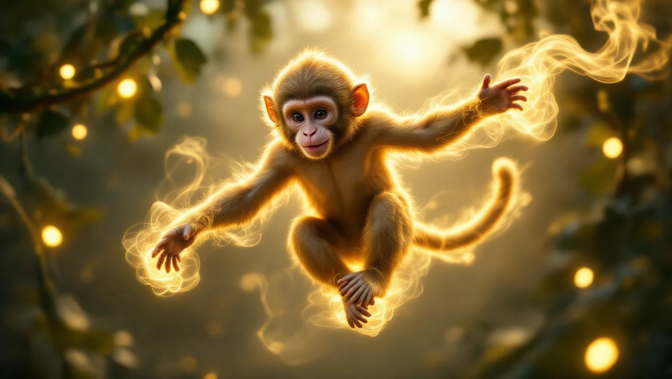 O maimuță jucăușă zboară printre ramuri, emanând o energie vibrantă și curiozitate.