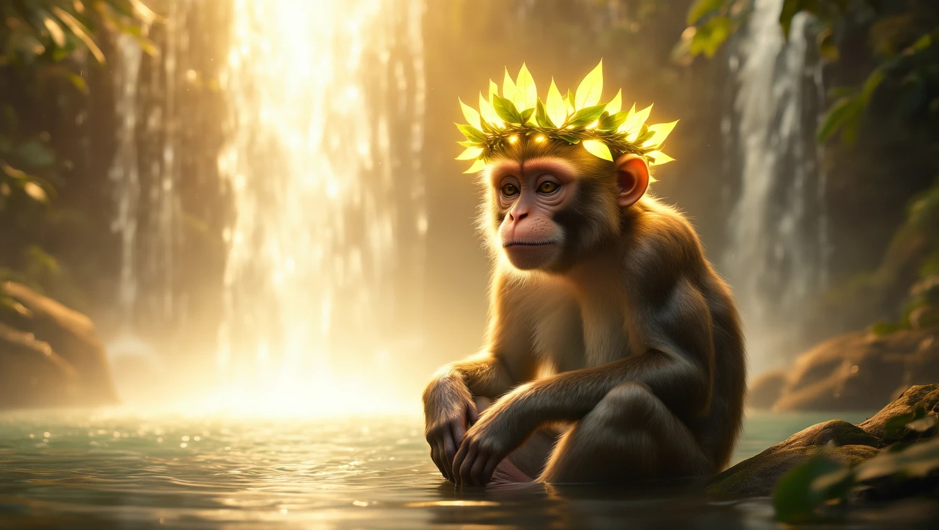 O maimuță stă pe o piatră lângă apă, purtând o coroană de frunze, contemplând natura din jur.