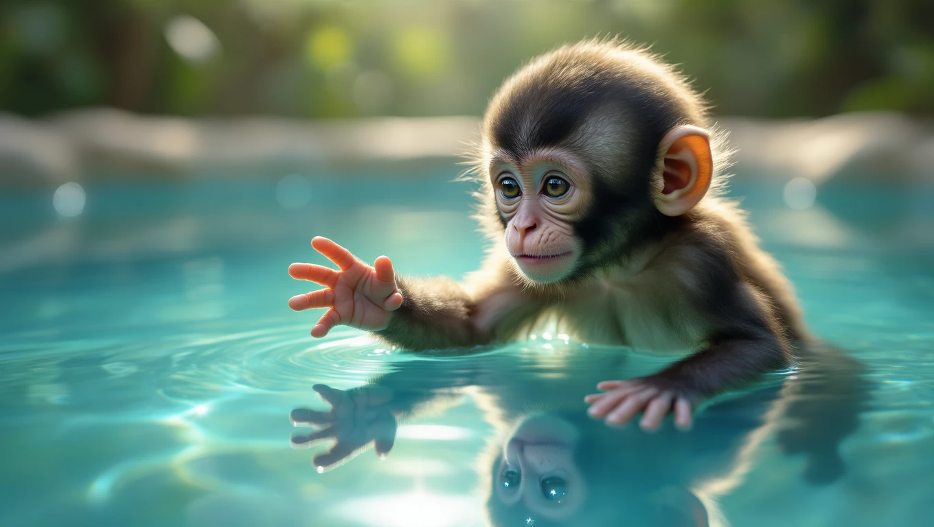 Un pui de maimuță își întinde mâna spre apă, reflectându-se în ea, simbolizând curiozitatea și spontaneitatea.