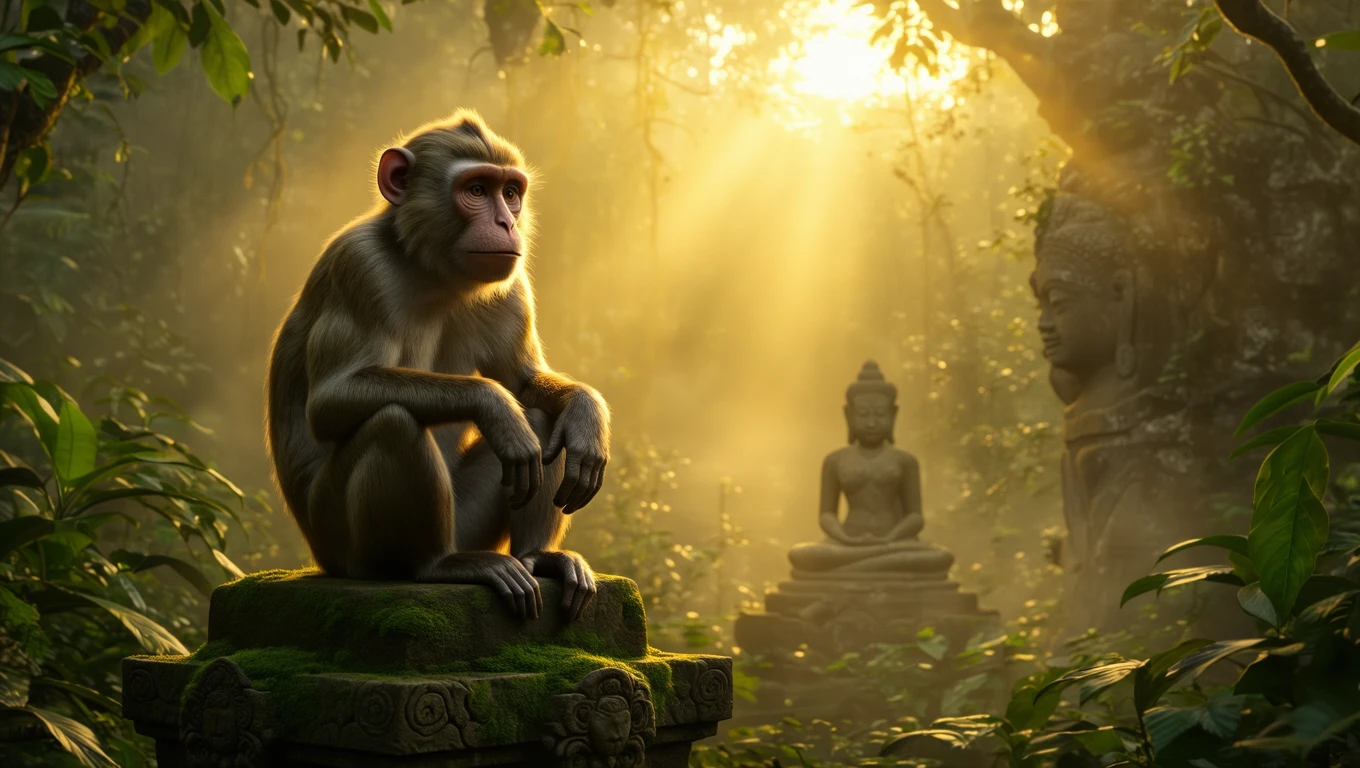 O maimuță stă pe un soclu acoperit cu mușchi, înconjurată de vegetație luxuriantă, cu raze de soare filtrându-se printre copaci.