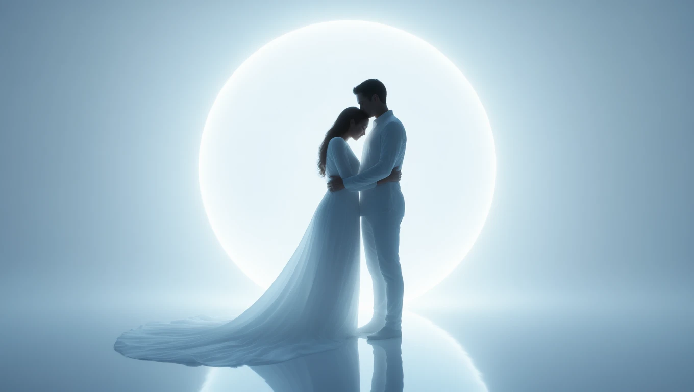 O siluetă de cuplu îmbrățișându-se, în fața unei lumini strălucitoare, simbolizând dragostea și protecția maternă.