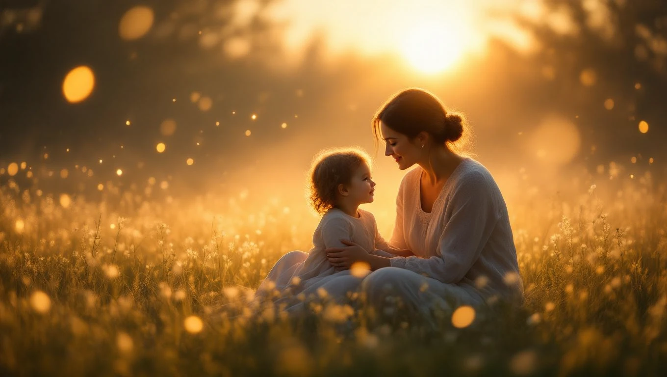 O mamă și copilul ei se privesc cu afecțiune într-un câmp luminat de soare, simbolizând dragostea și protecția maternă.